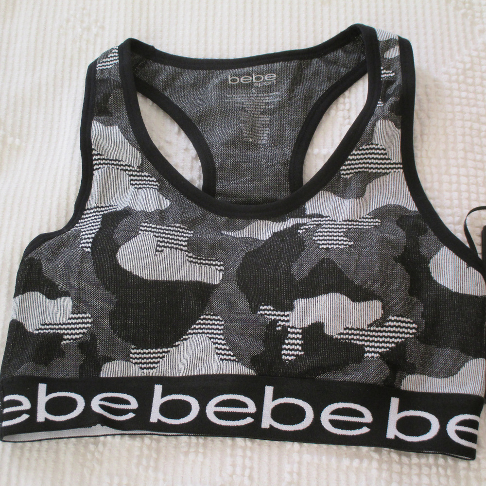 BeBe Black & Gray Camo Sports Bra/Crop Top NWT